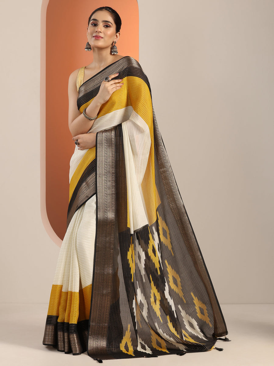 Libas Off white Solid Silk Blend Saree With Unstitched Blouse Piece