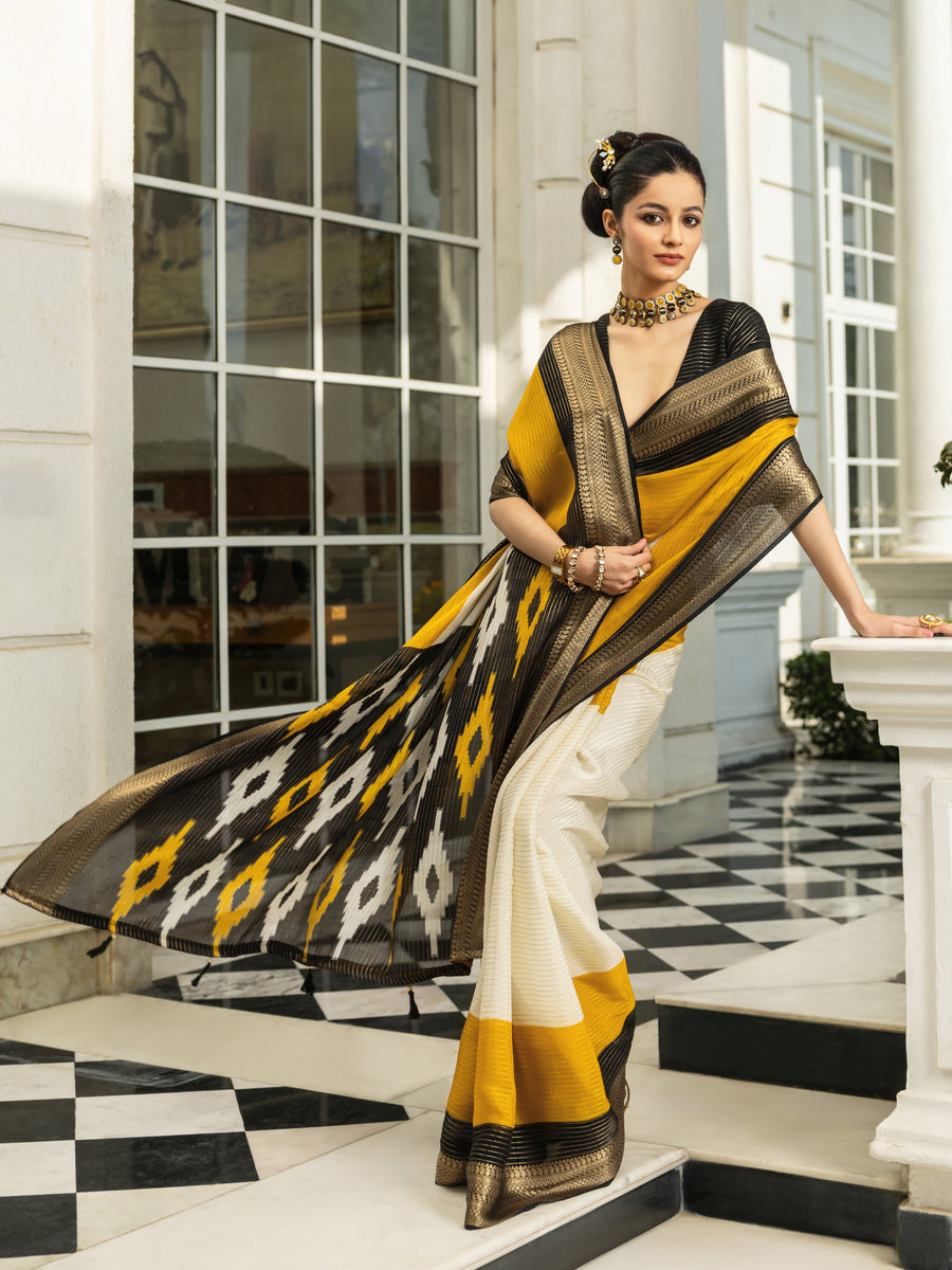 Libas Off white Solid Silk Blend Saree With Unstitched Blouse Piece