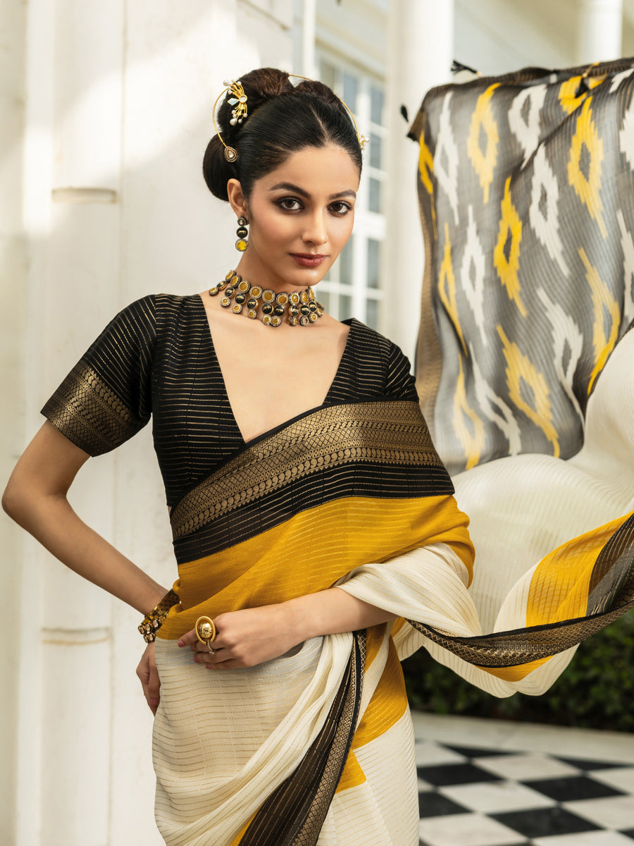 Libas Off white Solid Silk Blend Saree With Unstitched Blouse Piece
